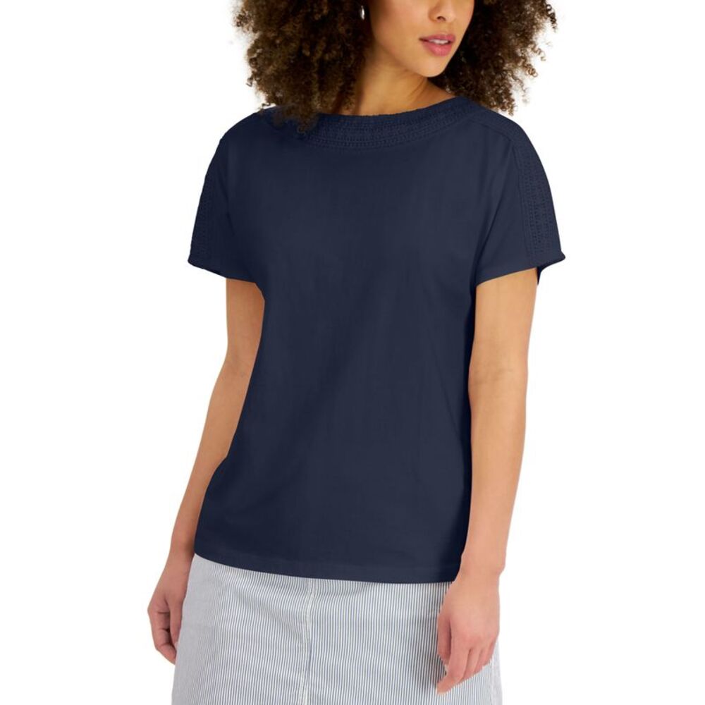 Karen Scott Womens Crochet Trim Top